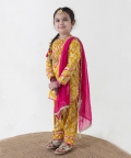 Girl Floral Jaal Suit Set - Yellow